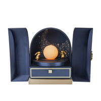 Boîte cadeau de luxe personnalisée écologique bleu marine à double porte pour le Festival de la Mi-Automne, avec décoration LED Lune et Lapin, fermeture magnétique