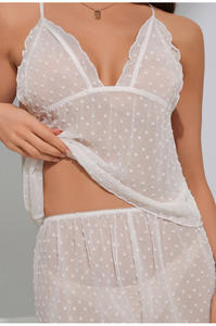 Ensemble de Nuit Luxe Femme Été en Satin Uni Sexy Dos Nu Deux Pièces Short Taille Élastique Sans Manches en Maille Transparente - Product Image 3