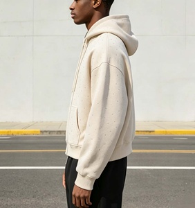 Sudadera con capucha y cremallera extragrande para hombre, de felpa francesa 100% algodón, con pedrería, informal, para otoño - Product Image 2