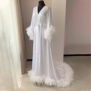 Popular Products 2024 Feather Trim Bridal Luxury Robe With Feathers Robe Bridal Robes With Feathers