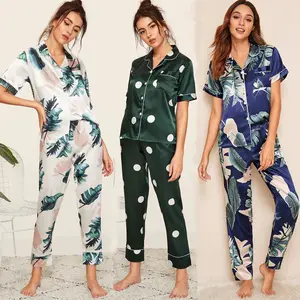 Women Silk Satin Embroider Pajamas 2pcs Long Sleeve Loungewear Pajamas Ladies Sleepwear Night Pj Sets