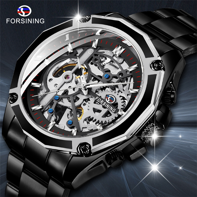 Часы наручные FORSINING GMT982 Мужские механические, роскошные золотистые многофункциональные из нержавеющей стали с турбийоном и дополнительным циферблатом