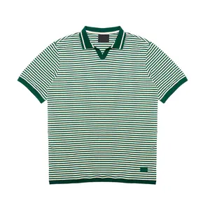 Hot Sale 2023 V-neck Polo Jacquard Stripes Short Sleeve 95% Recycled Cotton 5% Spandex Men's Embroidery Striped Polo Shift