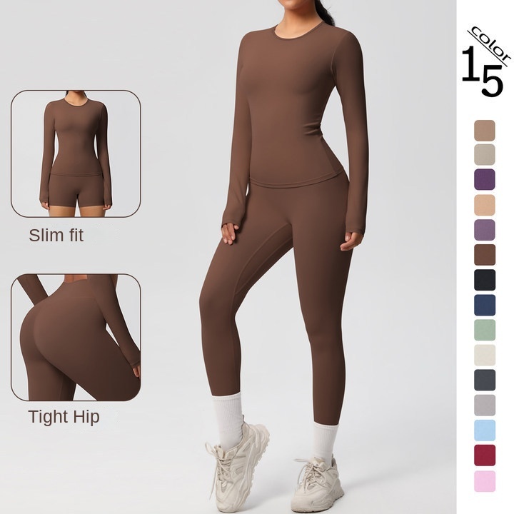 Spot Double-sided Seamless Breathable Four-way Stretch Quick Dry Elastic Waist Solid Color Long Sleeve Yoga Suit Two-piece Front