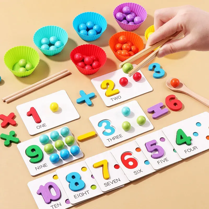 4 en 1 aprendizaje divertido juegos de matemáticas rompecabezas tablero de madera Clasificación de Cuentas juguete apilable para niños