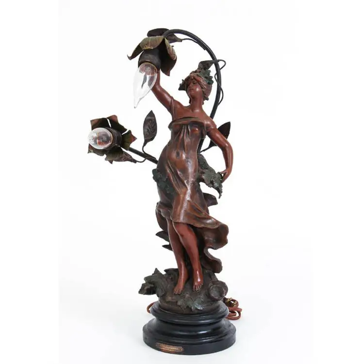 Custom Mooie Brons Antieke Lady En <span class=keywords><strong>Bloemen</strong></span> Standbeeld Sculptuur Lamp Voor Thuis Decoratie