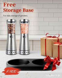 Gravity Adjustable Ceramic Salt and Pepper Grinder Set Plastic <b>Spice</b> <b>Jar</b> Manual Black Pepper Mill with Blue Light and Stand - Product Image 6