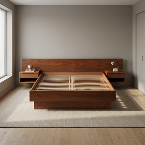 Teak Solid Wood <b>Platform</b> <b>Bed</b> <b>Frame</b> with Integrated Nightstands and Storage Midcentury Modern Design Custom Size Available - Product Image 2
