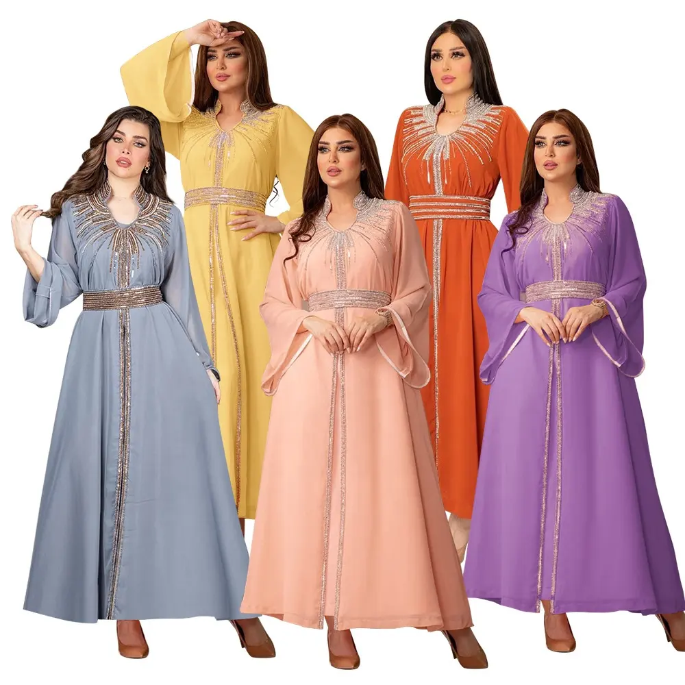 2024 long sleeve muslim dubai beaded kaftan dress new beaded abaya designs 2024 luxury muslim abaya dress