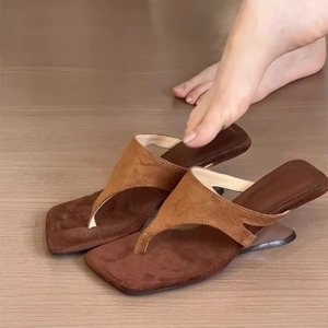 French Retro Square-toed Slip-on Flip-flops Women Summer Outdoor High-heeled Wedge <b>Sandals</b> Rubber Outsole Superfine Fiber - Product Image 3