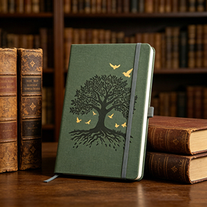 Diario de Tela Verde con Diseño de Árbol y Pájaros, Encuadernación Cosida, Impresión UV, Tamaño A5 - Product Image 2