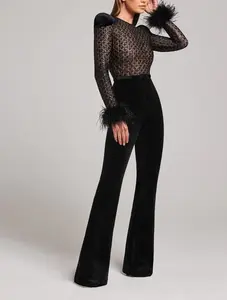 Lưới xem qua sexy ren đen highstreet thời trang Shinny sequin Trims spliced Flare chân JUMPSUIT REN vải dệt cho phụ nữ