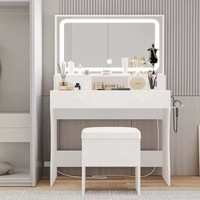 D001 Coiffeuse moderne de luxe pliable avec miroir LED éclairé, en bois massif et verre trempé, tiroirs de rangement pour chambre à coucher