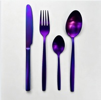 Ensemble de couverts jetables en acier inoxydable plaqué violet, couteau, fourchette, cuillère, résistant au lave-vaisselle, pour les fêtes, la maison, l'hôtel, le restaurant