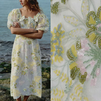 Tissu en maille légère et douce avec broderie florale perlée et sequins – Respirant et anti-boulochage pour robes de mariée féminines