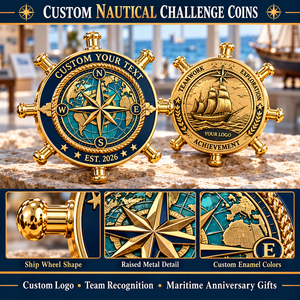 Pièces commémoratives nautiques personnalisées : Boussole et roue de bateau en relief 3D émaillé – Cadeaux de collection pour récompenses d'équipe et anniversaires maritimes - Product Image 3