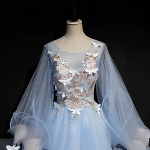 Sky Blue Ball Gown Evening Dress O-Neck Empire Waist Floral Print Puffy Skirt Student Art Exam Performance Costume - Product Image 4