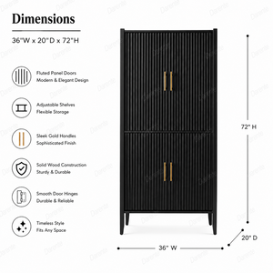 Aparador alto negro acanalado con tiradores dorados, consola <span class=keywords><strong>de</strong></span> buffet con puertas dobles para comedor o bar en casa - Product Image 6
