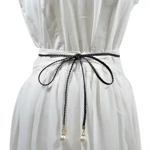 经典复古编织蜡绳珍珠带批发时尚薄款女士腰带连衣裙