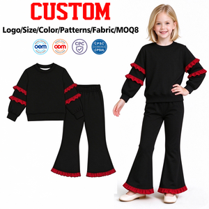 Tenue de mode pour filles : Haut uni rouge à volants et pantalon cloche, imprimé équipes scolaires personnalisées, thème vacances. Vente en gros, usine de vêtements pour enfants et boutiques. - Product Image 1