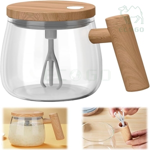 <b>Portable</b> Glass Heart Button Milk Juice Custom Electric Power Mixing Cup <b>Coffee</b> Mug with Wooden Handle - Product Image 2