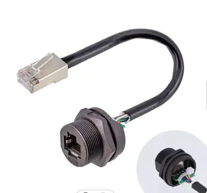 RJ45 CAT5E CAT6A escudo impermeable RJ45 Ethernet IP67 conector PCB montaje en panel con cable flexible conector exterior L = 0,3 M