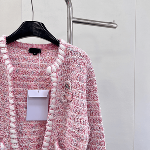 Cárdigan de Punto Tweed Rosa para Mujer con Ribete Blanco, Manga Larga, Chaqueta Elegante Informal - Product Image 5