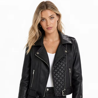 Blouson Moto Court en Cuir PU pour Femme, Double Fermeture Éclair, Style Biker, Automne Hiver, Doublure Polyester Teintée, Stock ODM OEM
