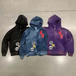 Sweat à capuche zippé surdimensionné pour homme, personnalisé OEM, en coton épais 100%, avec patch brodé et impression sérigraphiée, effet délavé à l'acide - Product Image 3