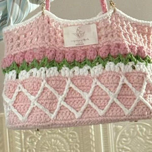 Borsa a tracolla fatta a mano all'uncinetto con tulipani primaverili a rombo, colore a contrasto, perle, materiale fai da te, per il tempo libero e i viaggi, AliExpress Cross - Product Image 6