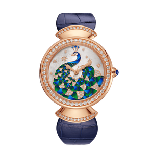 Montres pour femmes, luxe, cadran paon, femme, bracelet en acier, cadran noir, lunette en diamant, montres à quartz, boîtier en or rose, bracelet en cuir - Product Image 1