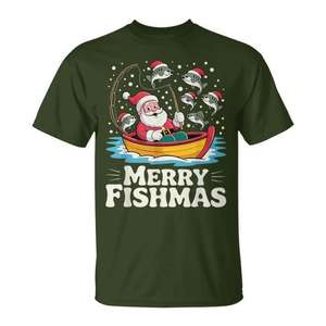 T-shirt Pêcheur de Noël pêchant le bar en bateau, Santa Fishing Bass On Boat Fisherman Christmas Merry Fishmas - Product Image 1