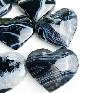 Natural Crystal Heart Black Onyx Healing Stones With Druzy For Gift