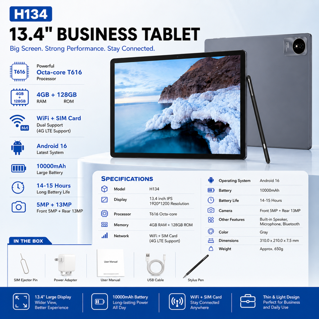 13.4 Inch Android 16 Tablet 4GB+128GB T616 Octa-Core 1920x1200 FHD AG Eye-Protection Large Screen Tablet for Office & Media