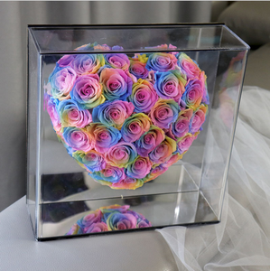Valentine's gift preserved dried fresh real everlasting eternity enchanted long lasting acrylic box rose flowers in heart shape