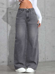 Jean pour <span class=keywords><strong>femme</strong></span> gris délavé coupe large et ajustée style vintage 2026 – Pantalon polyvalent style streetwear américain - Product Image 2