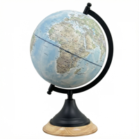 Globe terrestre bleu avec étiquettes chinoises, cadre en métal noir et base en bois naturel, en papier, décoration de bureau