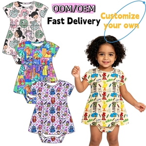 Produttore ODM di Vestitini Organici in Bambù per Bambine con Chiusura a Bottoni e Stampa Cartoon, Gonna e Body a Maniche Corte - Product Image 1