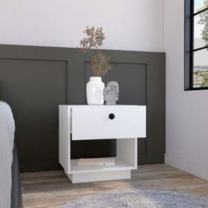 DB DEPOT E-SHOP Macon Single Drawer Nightstand <b>Open</b> Storage <b>Shelf</b> White Minimalist Solid Wood Smart Nightstand for Apartment Use - Product Image 2