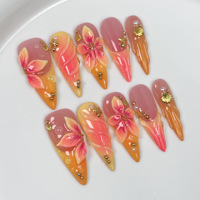 TSZS 10 pièces – Faux ongles de luxe longs, forme stiletto, peints à la main, motif floral 3D Océan d'été, en gel à presser, haute qualité
