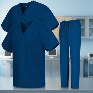 Top Quality Custom Logo Unisex Blue V-Neck Short Sleeve <b>Scrub</b> <b>Set</b> With Pants Hospital Uniforms Woven Cotton Polyester - Product Image 3