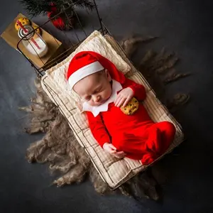 Toptan aylık bebek kostümleri-DIY noel yenidoğan bebek fotoğraf çekimi sahne kıyafetler tığ baba kırmızı şapka ayaklı pantolon seti için fotoğraf sahne
