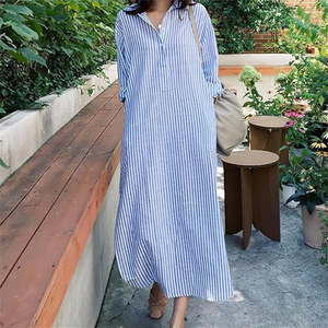 Abito Casual da donna a maniche lunghe con scollo a V a righe ampio lungo abito camicia in <span class=keywords><strong>cotone</strong></span> con - Product Image 4