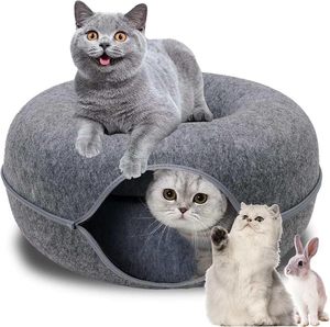 Hot nhà sản xuất bán buôn sang trọng đôi-tầng ráp Mèo Đường hầm hình dạng cảm thấy vòng mèo Donut đường hầm Giường mèo đường hầm Donut - Product Image 1