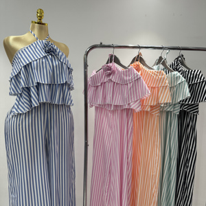 Robe d'été 2026 nouvelle mode rayée à col suspendu pour <span class=keywords><strong>femme</strong></span>, robe sans manches à volants au dos en tissu respirant - Product Image 3