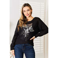 Haut en tricot noir à sequins et motif, manches dolman, 100 % acrylique, extensible à moyenne élasticité, lavage en machine, séchage à l'air frais, tailles S-XL