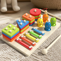 Ahşap 4'ü 1 Arada Montessori Aktivite Tahtası Şekil Eşleştirme Balık Tutma Oyunu Ksilofon Erken Öğrenme Oyuncağı Çocuklar İçin