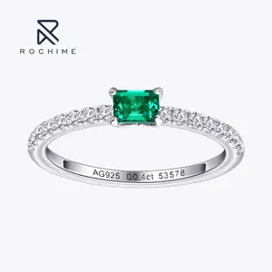 Rochime dainty lab grown Emerald ring band s925 silver Rhodium plated jewelry for women