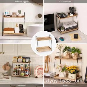 Retro Wooden Double Layer Storage Rack Iron Frame Multifunctional Kitchen Spice Organizer Shelf for Condiments and Tea - Product Image 1