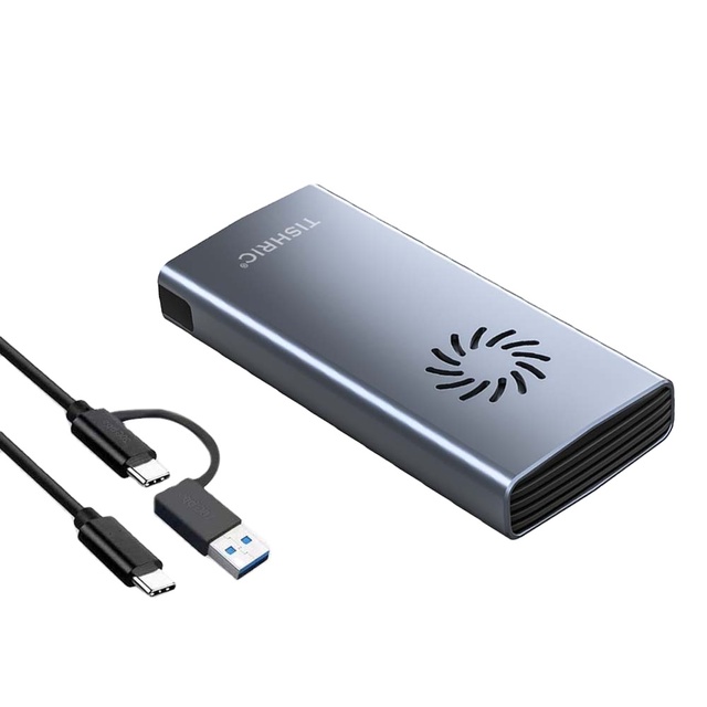 TISHRIC SSD Enclosure M.2 NVME/NGFF RGB Case Portable Harddrive Box Type-C SSD Dual Protocol with Cooling Fan for PC Laptop